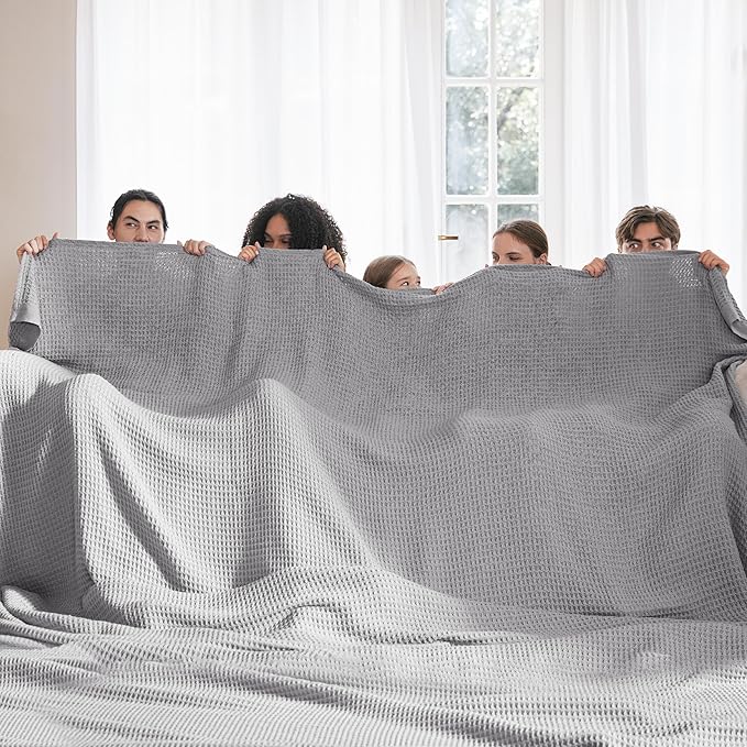 Bedsure 100% Cotton Large Blanket Oversized King for Bed - Breathable Waffle Weave Blanket for Summer Spring, Couch Cover, Grey, 120x94 inches
