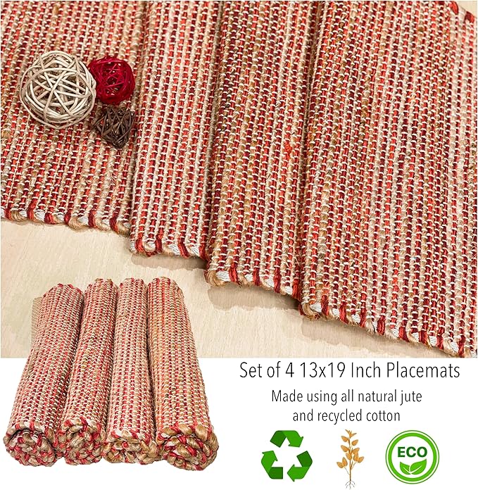 Chardin home Natural Jute - Ombre Rust Orange Placemats, Set of 4 13x19 Inch Table Mats, Rustic Handmade Boho Placemat, Perfect for Holidays, Dinner Parties and Also Everyday Meals
