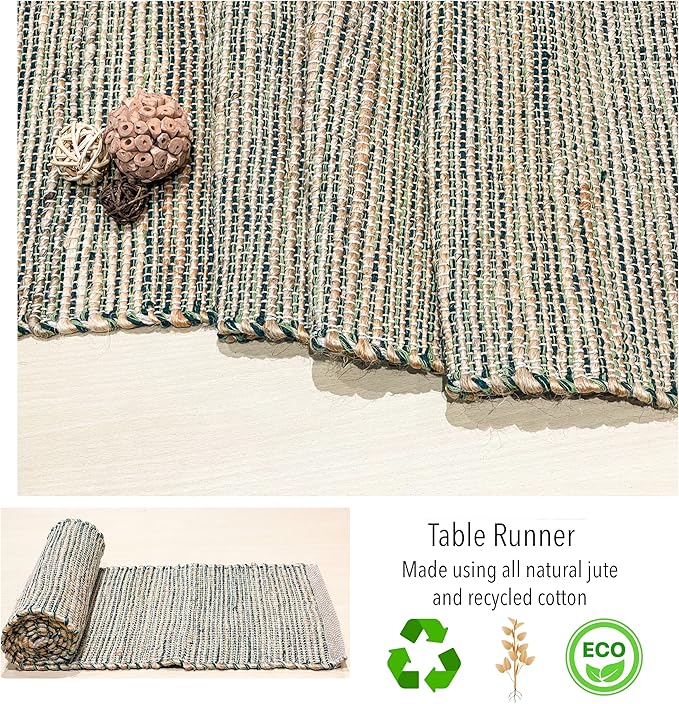 Chardin Home Natural Jute Table Runner 13x36 Inch – Vintage Boho Rustic Table Decor – Handwoven Jute Table Runner in Natural and Blue – Farmhouse Dining or Console Table Accent