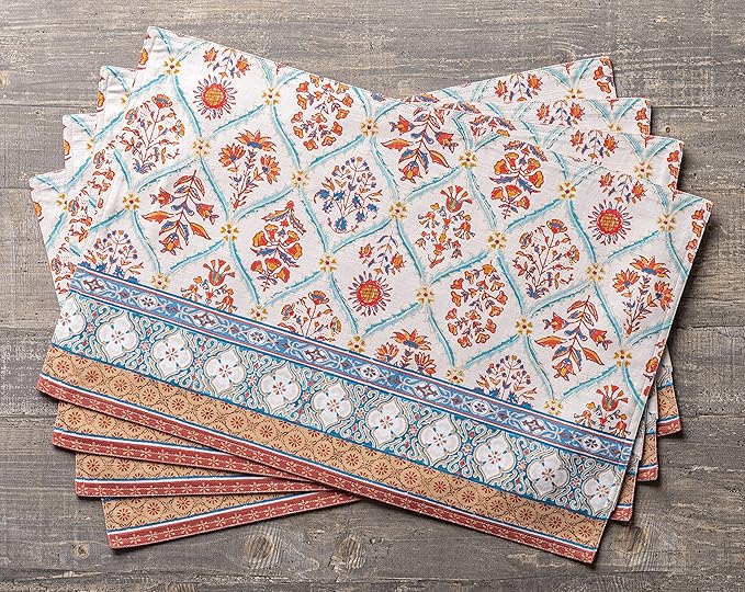 Maison d' Hermine Placemats Set of 4 100% Cotton Washable Cloth Place Mats, Reusable Table Mats for Kitchen Dining Decoration, Party, Wedding, Restaurant (Romane, 13" x 19")