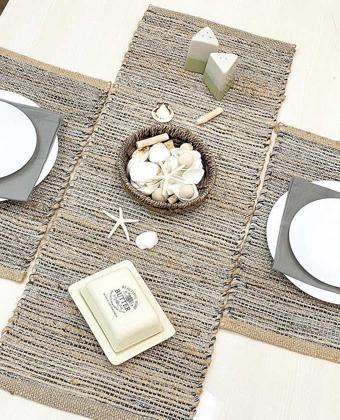 Chardin home Natural Jute Table Runner 13x48 Inch – Vintage Boho Rustic Table Decor – Handwoven Jute Table Runner in Natural and Grey – Farmhouse Dining or Console Table Accent