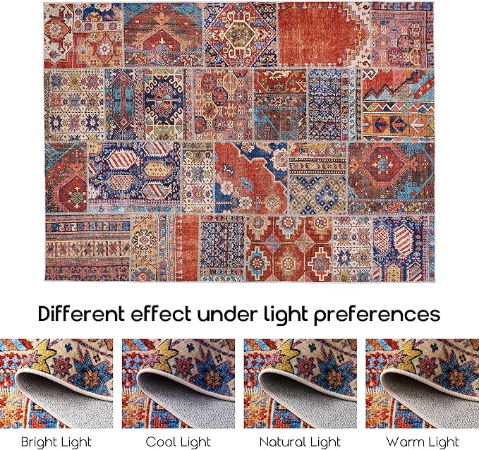 Area Rug 6x9 for Living Room,Washable Stain Resistant Geometric Boho Rugs for Dining Room Table,Terracotta Rust Burnt Orange Red and Navy Blue