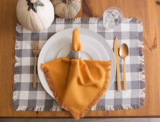DII Heavyweight Fringed Check Tabletop Collection, Placemat Set, 13x19, Gray, 6 Piece