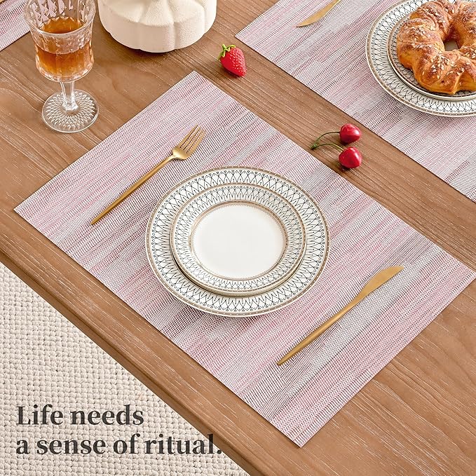 Leetaltree Misty Rose Placemats Set of 6 - Heat Resistant Non-Slip Place mats for Dining Table, Washable Durable PVC Vinyl Woven Table Mats(Misty Rose, 6)