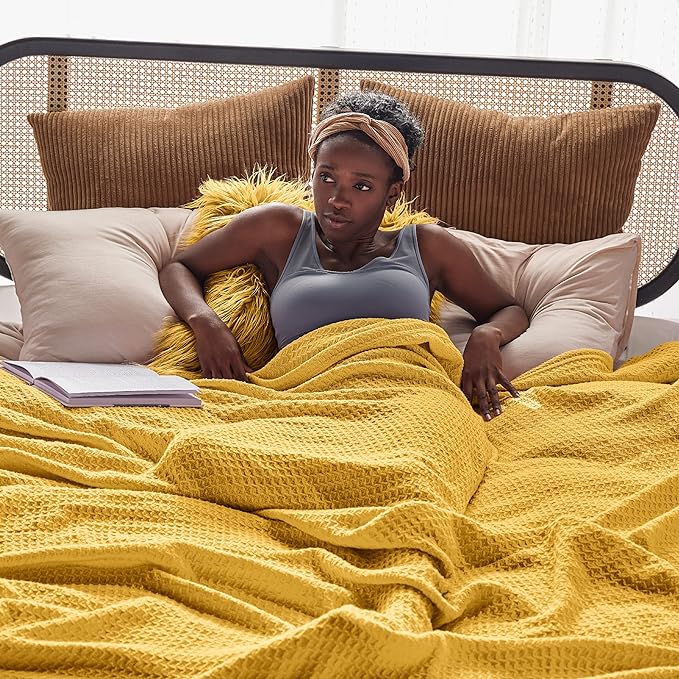 Bedsure 100% Cotton Blanket King Size for Bed - Breathable and Soft, Waffle Weave Blanket for Summer Spring, Mustard Yellow, 104x90 inches