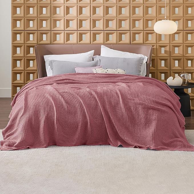 Bedsure 100% Cotton Blanket Queen Size for Bed - Breathable and Soft, Waffle Weave Blanket for Summer Spring, Dusty Rose, 90x90 Inches