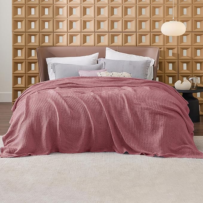 Bedsure 100% Cotton Blanket King Size for Bed - Breathable and Soft, Waffle Weave Blanket for Summer Spring, Dusty Rose, 104x90 inches