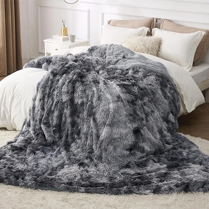 Bedsure Fluffy Tie Dye Grey Blankets Queen Size for Bed, Thick Sherpa Faux Fur Fleece Fuzzy Plush Winter Warm Soft Full Queen Blankets, Bedroom Decor Grey Gifts Cozy Gifts for Women Men, 90x90