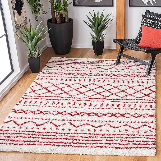 SAFAVIEH Arizona Shag Collection Area Rug - 6'7" x 9'2", Ivory & Red, Moroccan Design, Non-Shedding & Easy Care, 1.6-inch Thick Ideal for High Traffic Areas in Living Room, Bedroom (ASG741P)