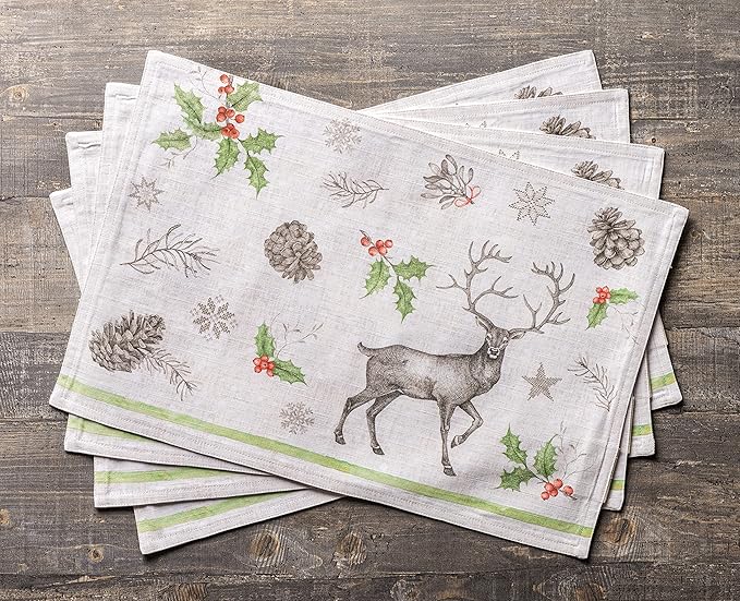 Maison d' Hermine Placemats Set of 4 100% Cotton Washable Cloth Place Mats, Reusable Table Mats for Kitchen Dining Decoration, Party, Wedding, Restaurant (Christmas Dew, 13" x 19")