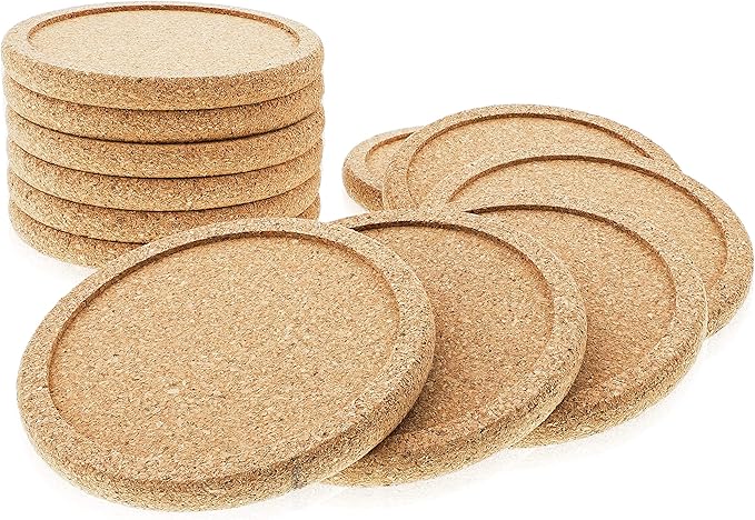 Cork Coasters with Lip for Drinks Absorbent | 12 Set 4 Inch Thick Rustic Saucer with Metal Holder Heat & Water Resistant | Best Reusable Natural Round Coasters for Bar Glass Cup Table