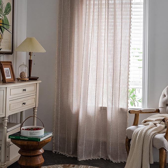 Sutuo Home Boho Curtains for Bedroom 96 Inches Long, Light Filtering Farmhouse Vintage Shabby Chic Tassels Window Treatment Bohemian Embroidery Drape, Rod Pocket 1 Panel 52" W x 96" L, Taupe