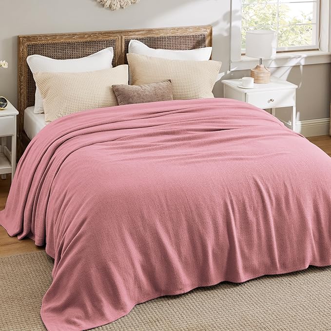 Bedsure 100% Cotton Blanket King Size for Bed - Breathable and Lightweight, Soft Cozy Textured Herringbone Woven Blanket for Summer, Pink, 108x90 inches
