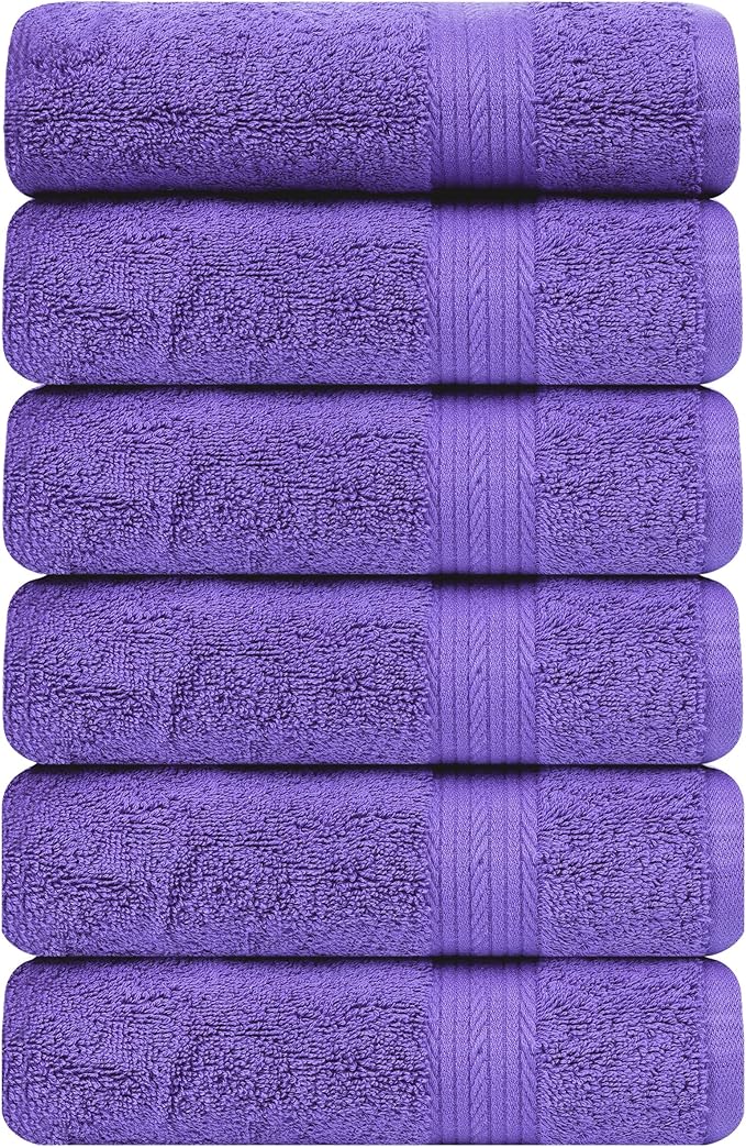 Ample Decor Bathroom Hand Towels 18 X 28 Inch 600 GSM 100% Cotton, Soft Absorbent - 6 Pcs Purple