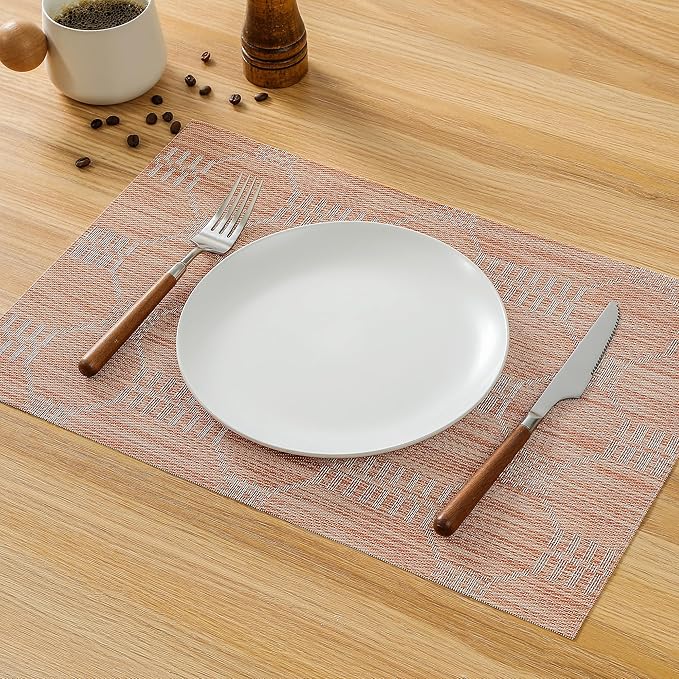 Leetaltree Coral Placemats Set of 8 - Heat Resistant Non-Slip Place mats for Dining Table, Washable Durable PVC Vinyl Woven Table Mats(Coral, 8)