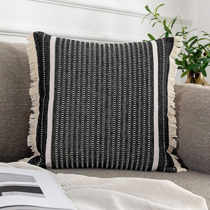 OJIA Modern Throw Pillow Cover with Tassels, Decorative Liana Fringe Accent Cushion Case, Farmhouse Woven Pillowcase for Sofa Chair Couch Bed Decor (Lumbar 20 x 20 Inches, Black)