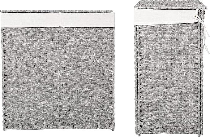 BIRDROCK HOME Laundry Hamper with Lid - Hand Woven PE Rattan Divided Sorter with Removable Liner Bags - Large Collapsible & Foldable Bin Clothes Basket Organizer for Bedroom & Bathroom - Double, Grey
