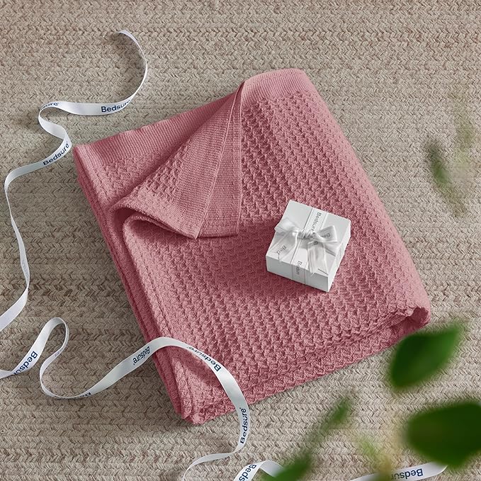 Bedsure 100% Cotton Blanket Queen Size for Bed - Breathable and Soft, Waffle Weave Blanket for Summer Spring, Dusty Rose, 90x90 Inches