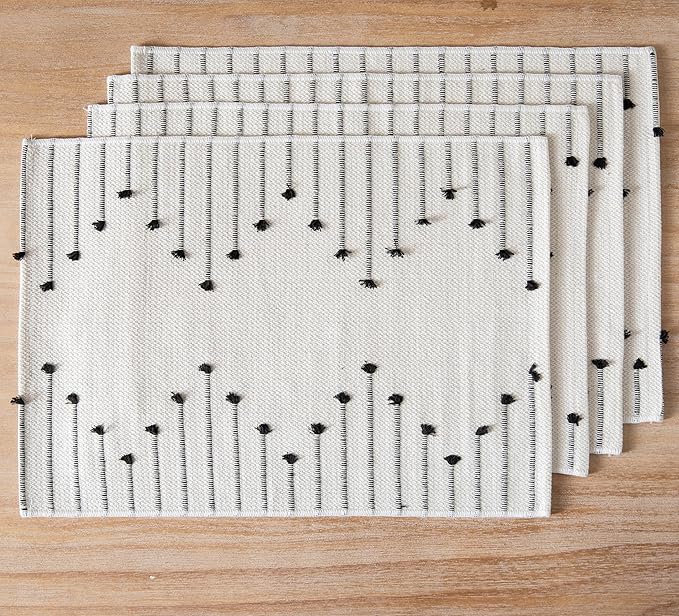 Placemats Set of 4 for Dining Table Décor, Woven Cloth Place Mats for Farmhouse Kitchen Tabletop, Handcrafted Machine Washable Cotton Table mats 13 x 19 Inch, Black and Beige