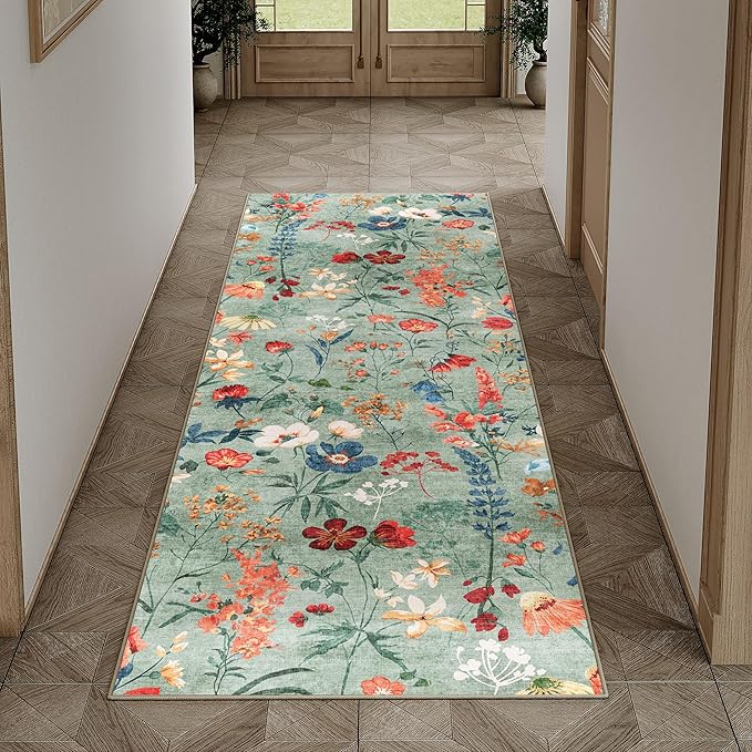 Floral Runner Rug 2x6 Washable Hallway Long Green Bedroom Carpet Non Slip Indoor Boho Kitchen Low Pile Accent Rug Lightweight Soft for Bathroom Dining Laundry Living Room