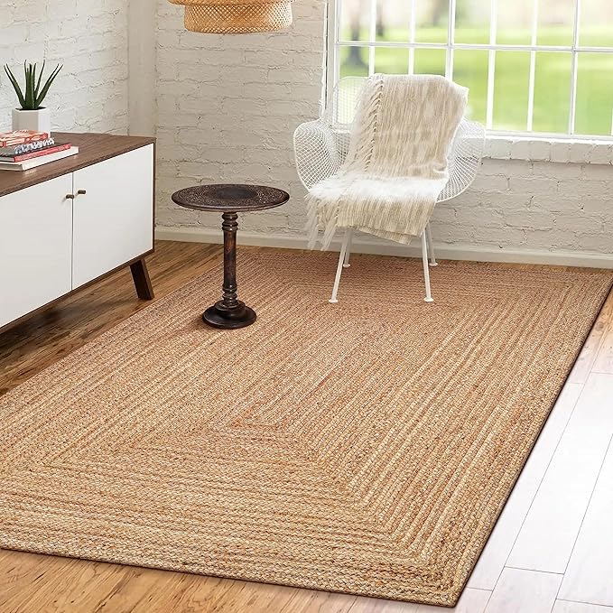 Hand Woven Farmhouse Jute Area Rug 5x8 Ft Round Natural Yarn, Rustic Vintage Beige Braided Reversible Rug, Eco Friendly Rugs for Bedroom, Kitchen, Living Room, Farmhouse 100% Jute Rug - Natural