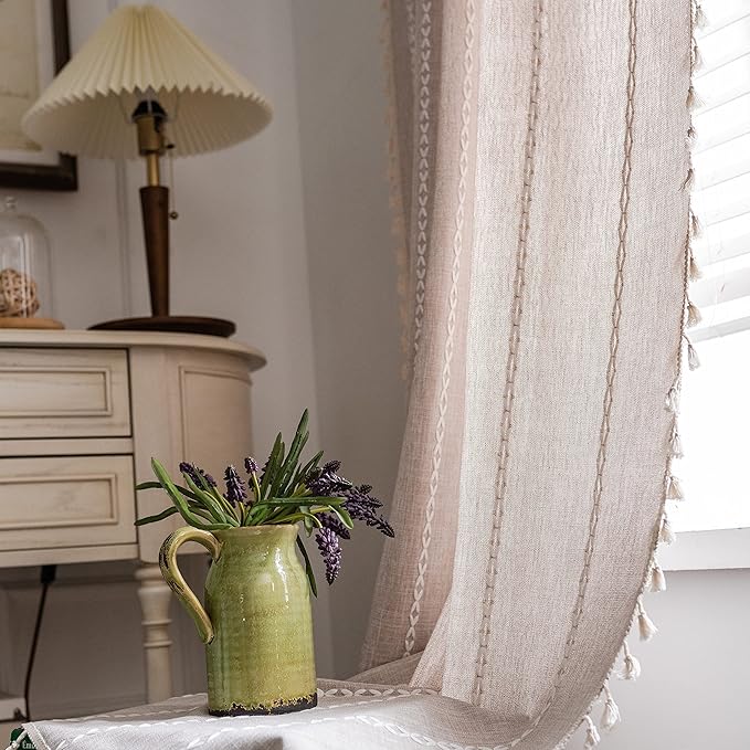Sutuo Home Boho Curtain for Bedroom 84 Inch Length, Light Filtering Farmhouse Vintage Shabby Chic Tassels Window Treatment Bohemian Embroidery Drape, Rod Pocket 1 Panel 52" W x 84" L, Taupe