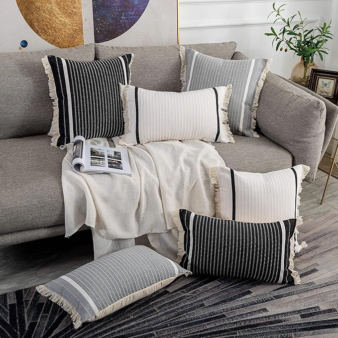OJIA Modern Throw Pillow Cover with Tassels, Decorative Liana Fringe Accent Cushion Case, Farmhouse Woven Pillowcase for Sofa Chair Couch Bed Decor (Lumbar 20 x 20 Inches, Black)