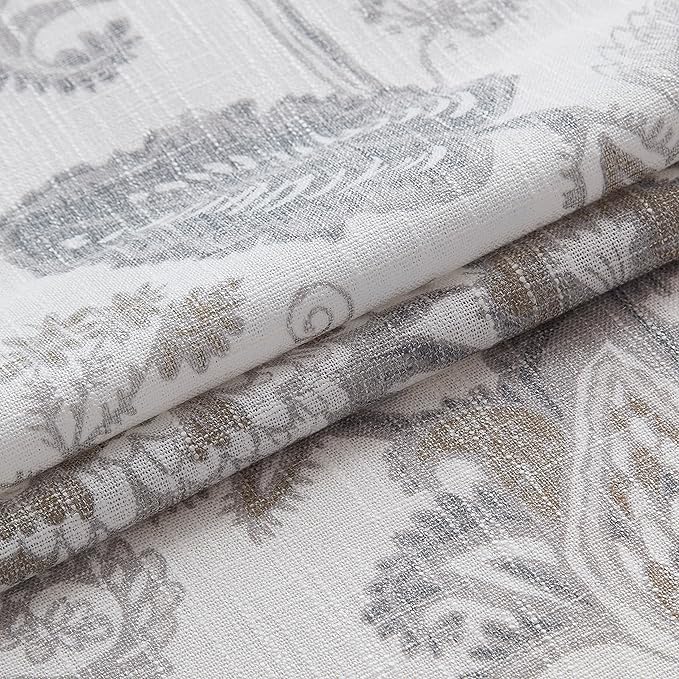 Kayne Studio Linen Grey Curtain Panels Linen Textured Botanical Leaf Print Floral Farmhouse Linen Curtain Drapes Light Filtering Window Treatments Living Room Bedroom Rod Pocket Back Tab,52"x102"x2