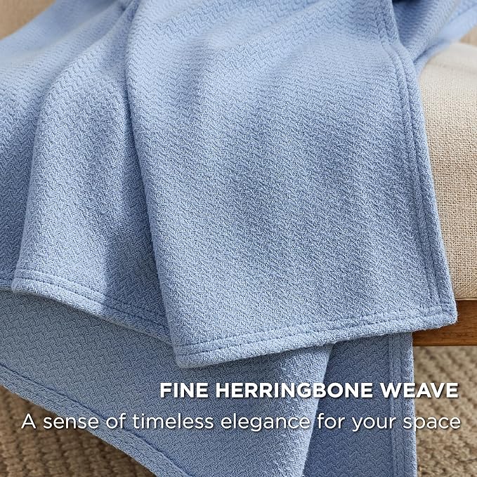 Bedsure 100% Cotton Large Throw Blanket for Couch 50x70 inches - Breathable and Lightweight, Soft Cozy Herringbone Woven Cotton Throw for Summer, Ashley Blue Office Chair Blanket