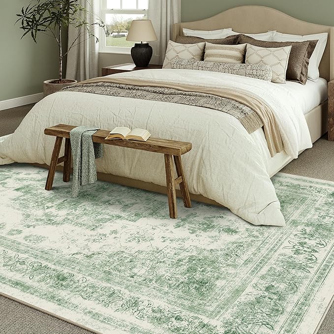 Area Rug 5x7 Washable Green Rug Vintage Boho Medallion Large Distressed Retro Carpet for Living Room Non Slip Indoor Low Pile Small Soft Bedroom Dining Room Home Office