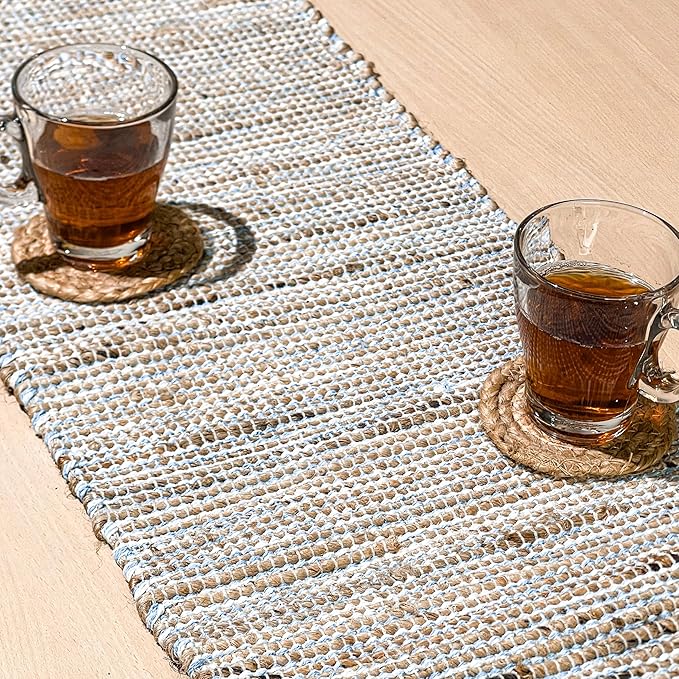 Chardin Home Natural Jute Table Runner 13x36 Inch – Vintage Boho Rustic Table Decor – Handwoven Jute Table Runner in Natural and Blue – Farmhouse Dining or Console Table Accent