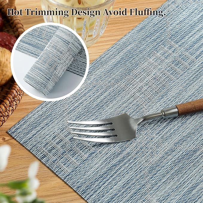Leetaltree Alice Blue Placemats Set of 6 - Heat Resistant Non-Slip Place mats for Dining Table, Washable Durable PVC Vinyl Woven Table Mats(Jacquard Blue, 6)