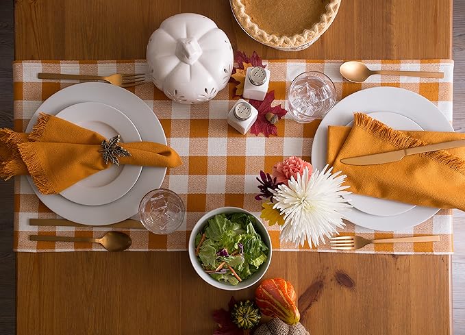 DII Heavyweight Fringed Check Tabletop Collection, Table Runner, 14x108, Pumpkin Spice