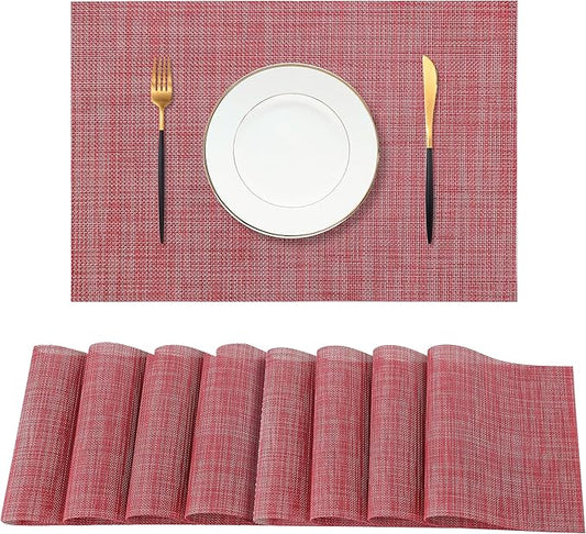 Leetaltree Red Placemats Set of 8 - Heat Resistant Non-Slip Place mats for Dining Table, Washable Durable PVC Vinyl Woven Table Mats(Red, 8)