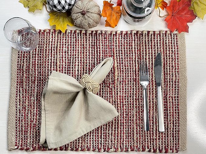 Chardin home | Natural Jute Placemats Set of 4 | 13x19 Inch. Rustic Farmhouse Place mats | Table mats Colors - Natural Jute and Red