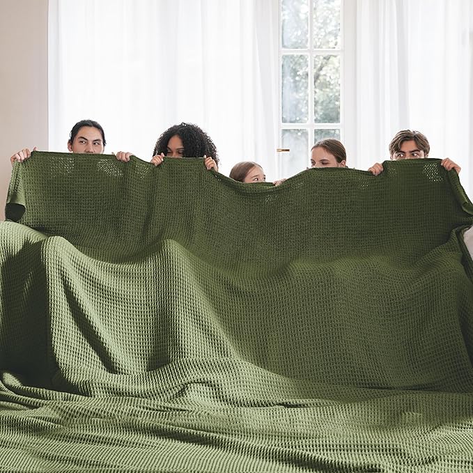 Bedsure 100% Cotton Large Blanket Oversized King for Bed - Breathable Waffle Weave Blanket for Summer Spring, Couch Cover, Olive Green, 120x94 inches