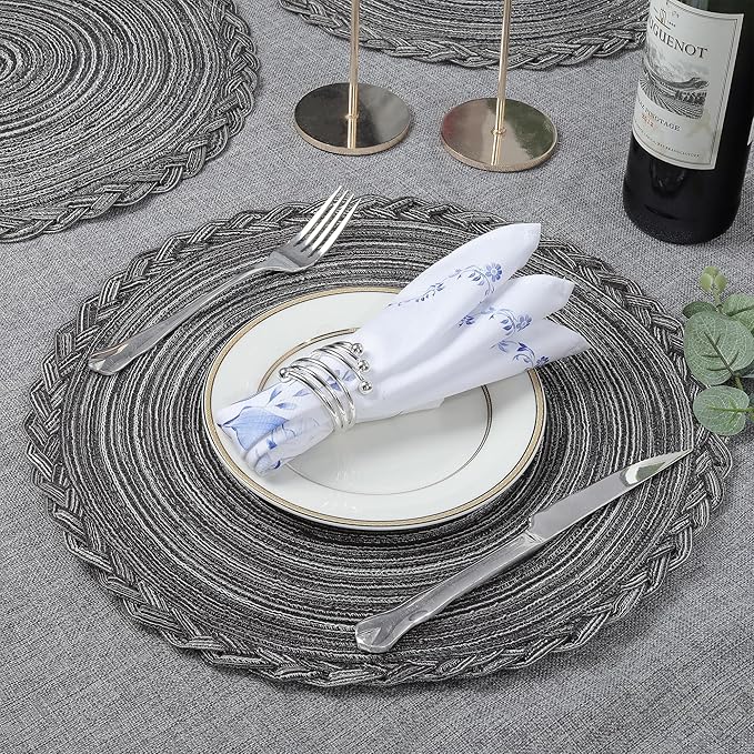 fanquare Round Woven Placemats Set of 4, 15 Inch Braided Placemats Gray Kitchen Table Mats Indoor & Outdoor Placemats for Dining Party Daily Use