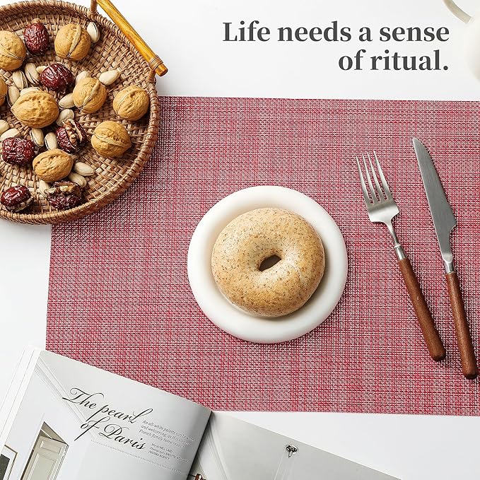 Leetaltree Red Placemats Set of 4 - Heat Resistant Non-Slip Place mats for Dining Table, Washable Durable PVC Vinyl Woven Table Mats(Red, 4)