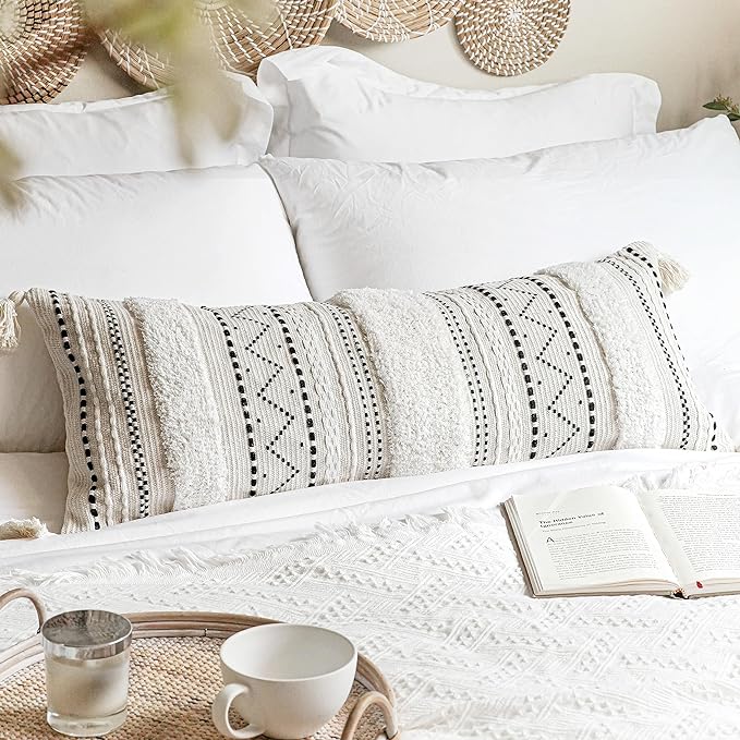 Black Neutral Decorative Lumbar Throw Pillow Cover 14x36 Boho Long Cushion for Bed Accent Farmhouse Pillowcase for Bedroom Living Room Couch Sofa Home Décor (Cover ONLY, Pack of 1)