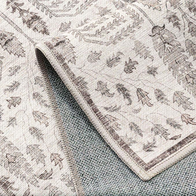 Area Rug 5x7 Washable Taupe Carpet Non Slip Large Boho Thin Floral Farmhouse Throw Accent Rug for Living Room Bedroom Office Kitchen Bathroom