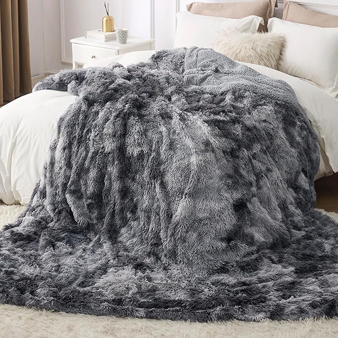 Bedsure Fluffy Tie Dye Grey King Size Blanket for Bed, Thick Soft Sherpa Faux Fur Fleece Bedding Fuzzy Plush Winter Warm Heavy Oversize Big Large King Blanket, Cozy Grey Gifts for Men Women, 108x90