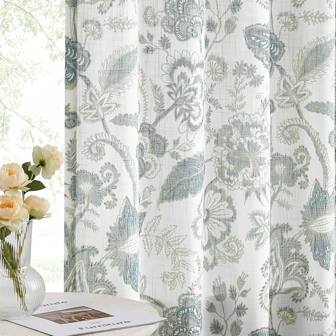Kayne Studio Botanical Print Semi Sheer Curtains Blue Grey Floral Leaf Farmhouse Linen Curtain Drapes Light Filtering Window Treatments for Living Room Bedroom Rod Pocket Back Tab,52"x63",2 Panels