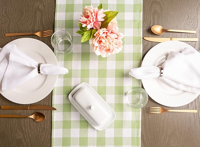 DII Heavyweight Fringed Check Tabletop Collection, Table Runner, 14x108, Bright Green