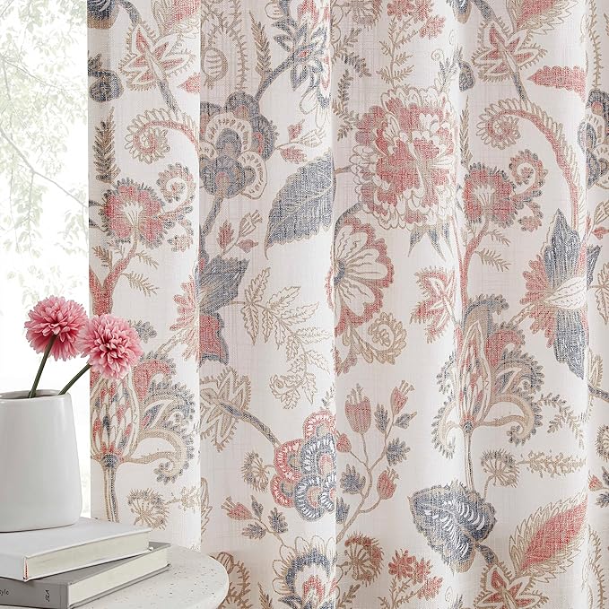 Kayne Studio Backtab Rod Pocket Jacobean Floral Semi Sheer Curtains Botanical Leaf Printed Vintage Farmhouse Navy Red Light Filtering Window Treatment Sets Living Room Bedroom,52"x90",2 Panels
