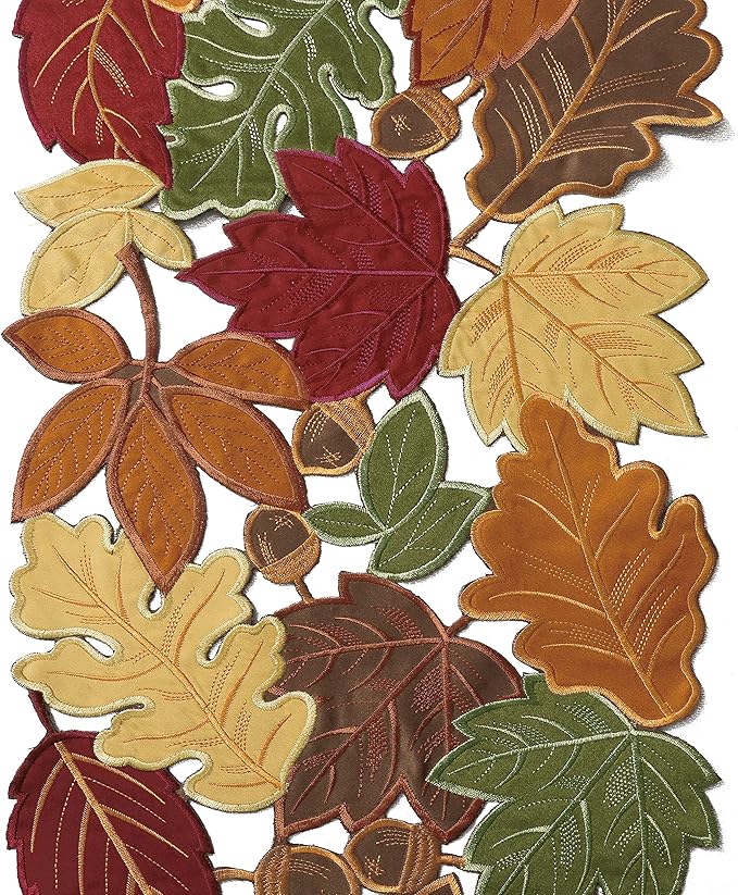 OWENIE Leaves Fall Table Runner, Fall Decor for Home, Thanksgiving Runner, 13 Inch x 70 Inch, Embroidered Harvest Maple Leaf Decoration for Autumn, Applique Dresser Scarf