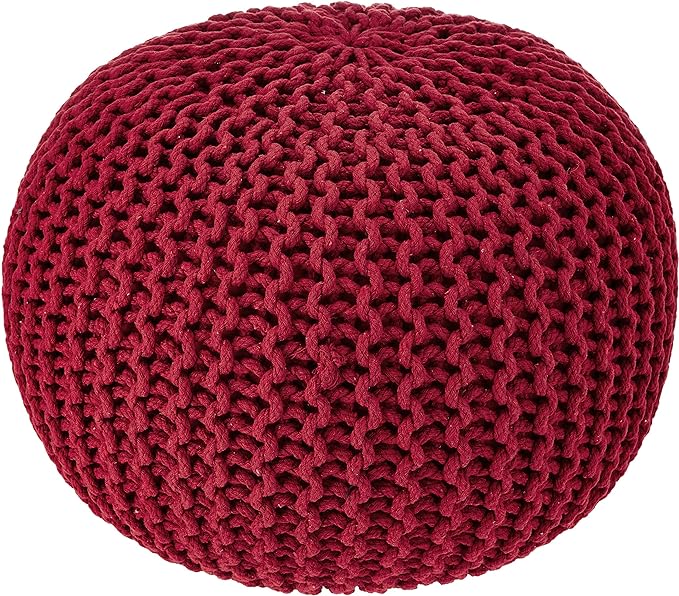 REDEARTH Round Pouf Ottoman - Hand Knitted Cable Boho Poof - Foot Stool Bean Bag - Home Décor Stuffed Footrest for Living Room - Nursery - Bedroom - 100% Cotton Poufs (19.5"x19.5"x14") - Red