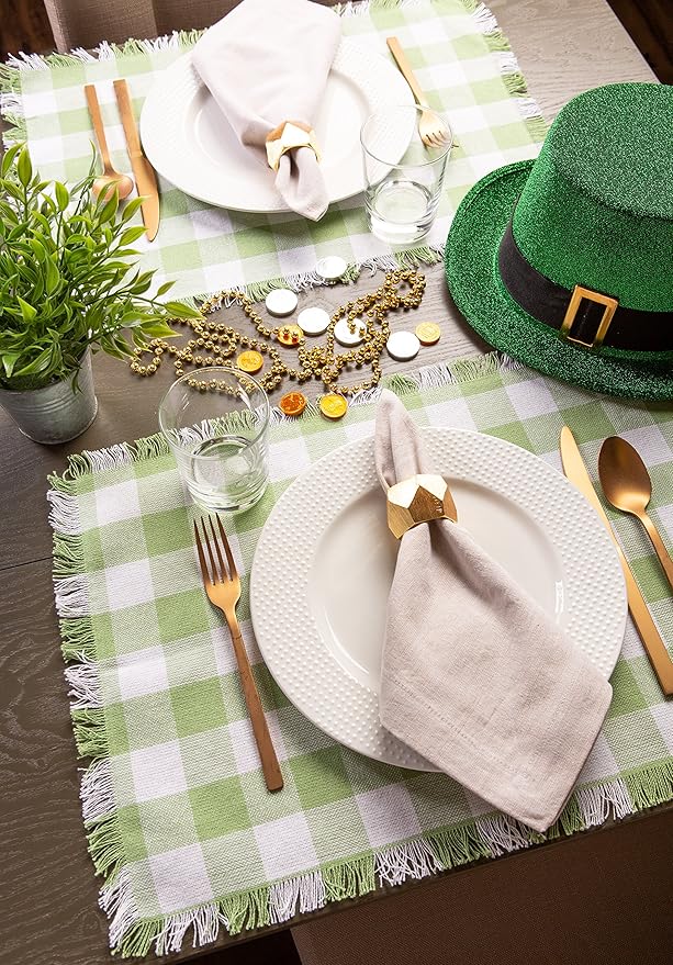 DII Heavyweight Fringed Check Tabletop Collection, Placemat Set, 13x19, Bright Green, 6 Piece