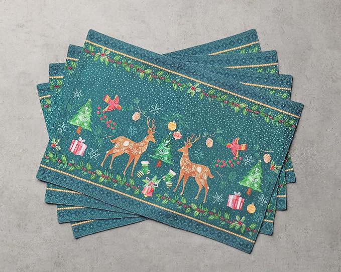 Maison d' Hermine Placemats Set of 4 100% Cotton Washable Cloth Place Mats, Reusable Table Mats for Kitchen Dining Decoration, Party, Wedding, Restaurant (Hygge Christmas, 13" x 19")