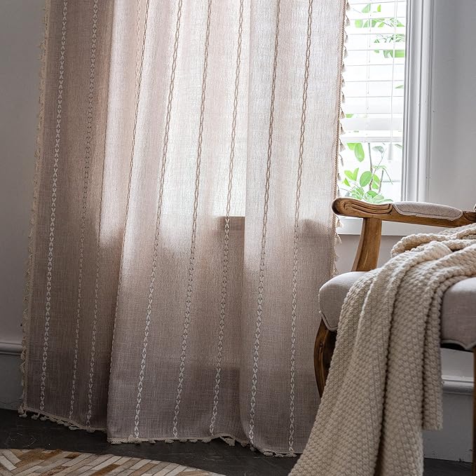 Sutuo Home Boho Curtain for Bedroom 84 Inch Length, Light Filtering Farmhouse Vintage Shabby Chic Tassels Window Treatment Bohemian Embroidery Drape, Rod Pocket 1 Panel 52" W x 84" L, Taupe