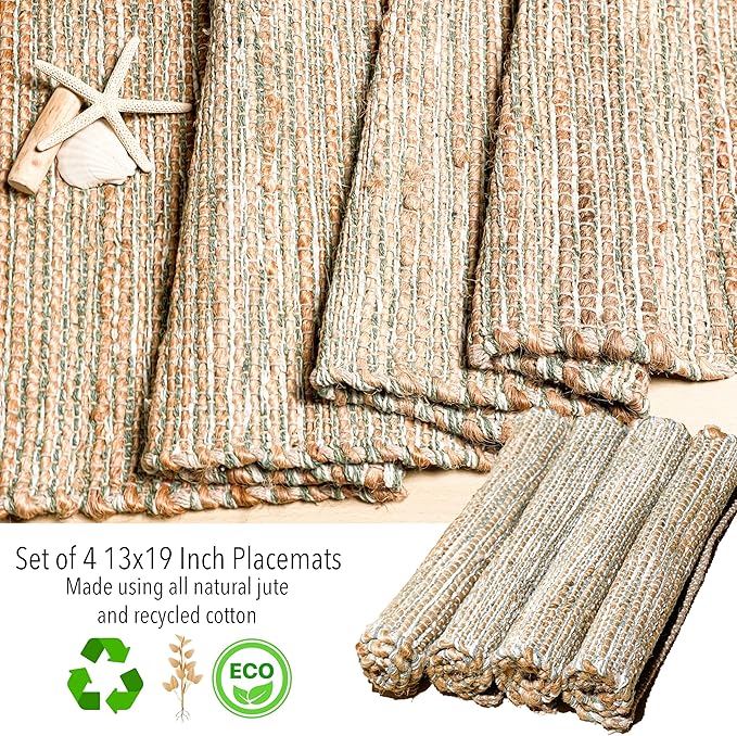 Chardin home | Natural Jute Placemats Set of 4 | 13x19 Inch. Rustic Farmhouse Place mats | Table mats Colors - Natural Jute and Sage Green